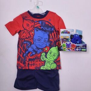PJ Masks CatBoy Car and Mask And Short Sleeve & Shorts Size 2T Blue &‎ Red New